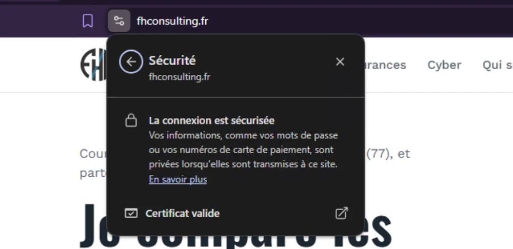 Brave : fenêtre Sécurité de fhconsulting.fr, la connexion est sécurisée, certificat valide.