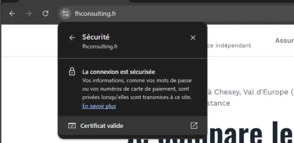 Chrome : fenêtre Sécurité de fhconsulting.fr, la connexion est sécurisée, certificat valide.