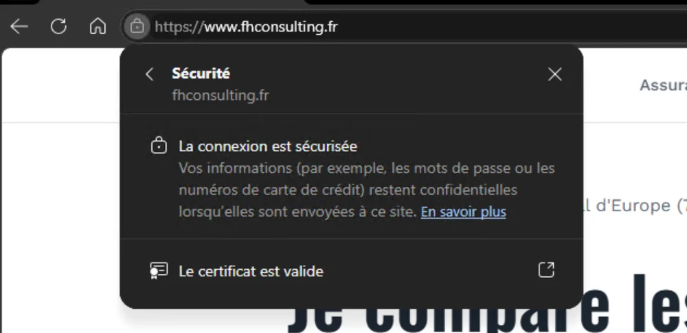Edge : fenêtre Sécurité de www.fhconsulting.fr, la connexion est sécurisée, le certificat est valide.